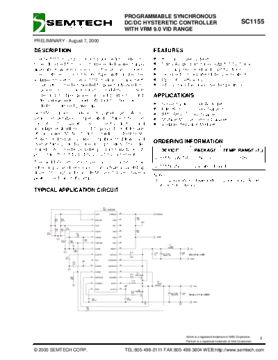 SC1155 - PROGRAMMABLE SYNCHRONOUS DC-DC HYSTERETIC CONTROLLER WITH VRM 9.0 VID RANGE - Semtech Corporation