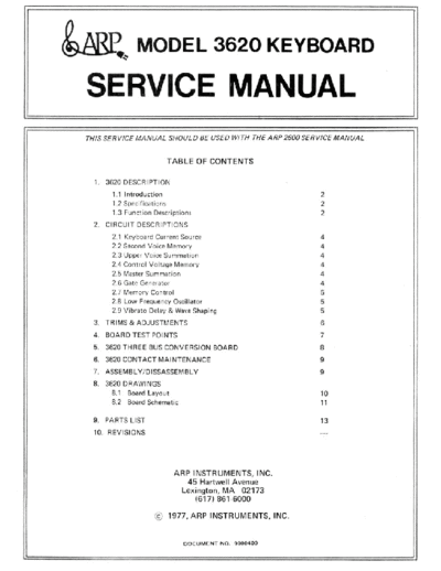Arp 2600 3620 Duophonic KyBd Service Manual