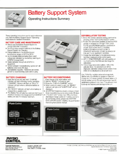 Physio Control Battery Support System for Defibrillator - Service manual