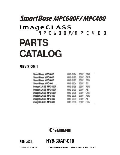 Canon SmartBase mpc400, 600 Parts Manual