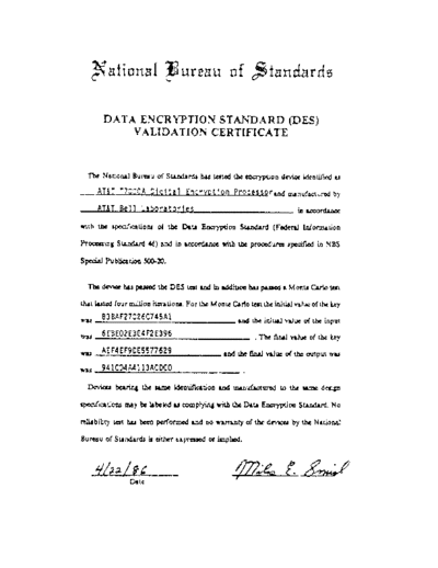 NBS_DES_Validation_Certificate_for_AT&T_T7000A