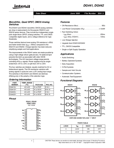 DG441DY - Monolithic_252C Quad SPST_252C CMOS Analog Switches - Intersil Corporation