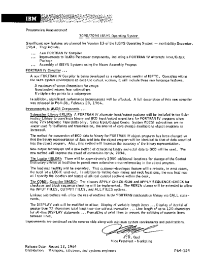 P64-154_IBSYS_13_Announcement_Aug64