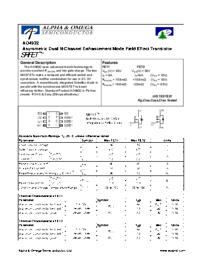 AO4932 - Asymmetric Dual N-Channel Enhancement Mode Field Effect Transistor