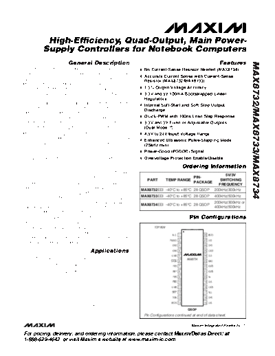 MAX8734 - High-Efficiency, Quad-Output, Main Power-Supply Controllers for Notebook Computers