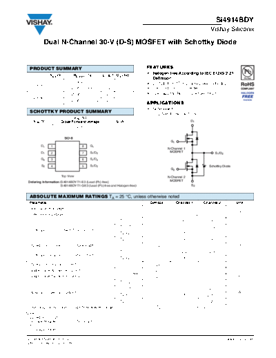 SI4914BDY - Dual N-Channel 30-V (D-S) MOSFET with Schottky Diode