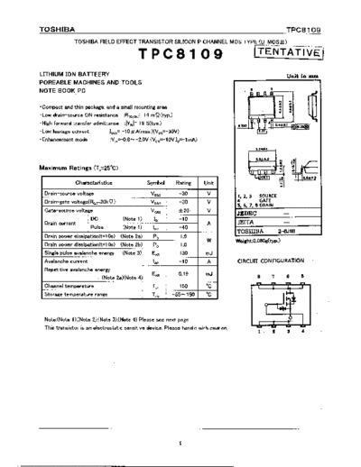 TPC8109 - FIELD EFFECT TRANSISTOR SILICON P CHANNEL MOS TYPE