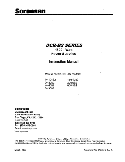 SORENSEN DCR-B2 1800W Operation and Service