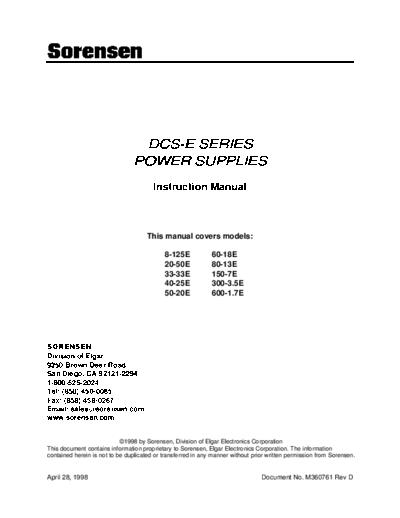 SORENSEN DCS-E Series Instruction