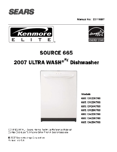 22111007 Sears Kenmore Elite Source 665 2007 Ultra Wash HE Dishwasher Service Manual