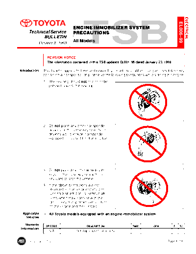 el006t99 Engine Immobilizer System Precautions