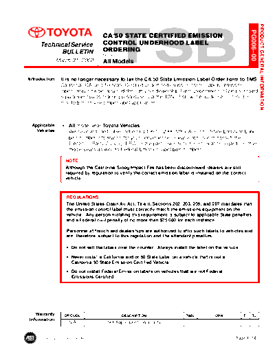pg006t00 Certified Emission Underhood Label Ordering