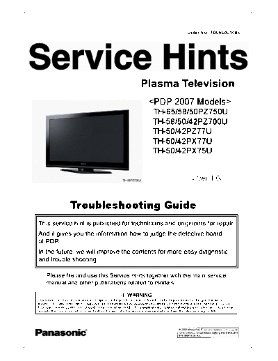 Panasonic 2007 PDP TH-65PZ750U TH-58PZ850U TH-50PZ750U TH-58PZ700U TH-50PZ700U TH-42PZ700U TH-50PZ77U TH-42PZ77U TH-50PX77U