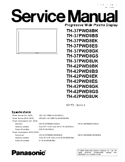 Panasonic TH-42PWD8GS TH-37PWD8GS TH-37PWD8EK TH-37PWD8GK TH-37PWD8ES TH-42PWD8ES TH-42PWD8GK TH-37PWD8BS TH-42PWD8UK TH-42PW