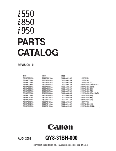 Canon i550, i850, i950 Parts Manual
