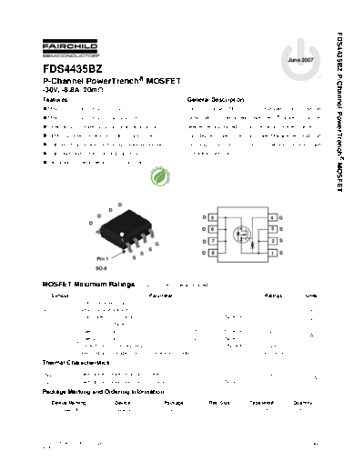 FDS4435BZ - P-Channel PowerTrench® MOSFET -30V, -8.8A, 20mΩ