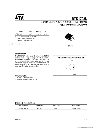 STD1703L - N-CHANNEL 30V - 0.038Ω - 17A - DPAK STripFET II MOSFET
