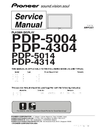 PIONEER+PDP-5004_4304_5014_4314+(ARP3221)+Plasma+Tv+Service+Manual