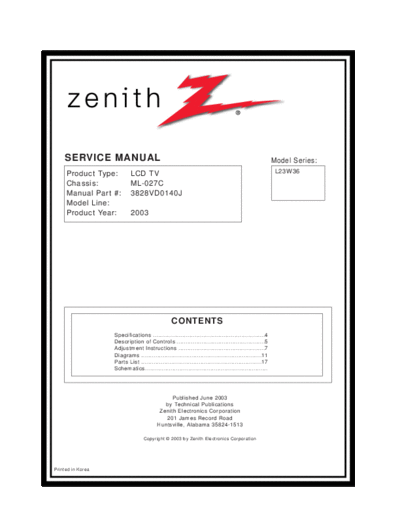Zenith L23W36 LCD TV_SM
