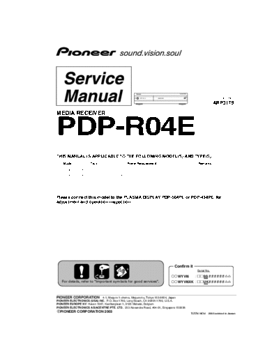 PIONEER PDPR04E PLASMA RECEIVER Service Manual