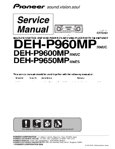 PIONEER DEH-P960MP, P9600MP, P9650MP