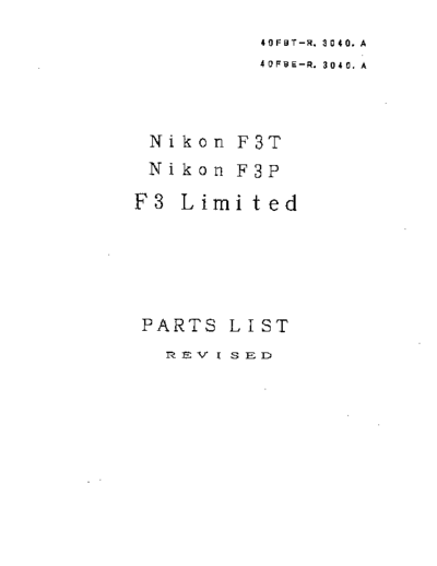 Nikon F3T F3P Repair Manual  - Parts List