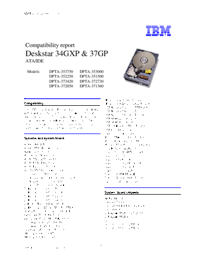 Deskstar 34GXP & 37GP Compatibility Summary v1.0 - Abridged